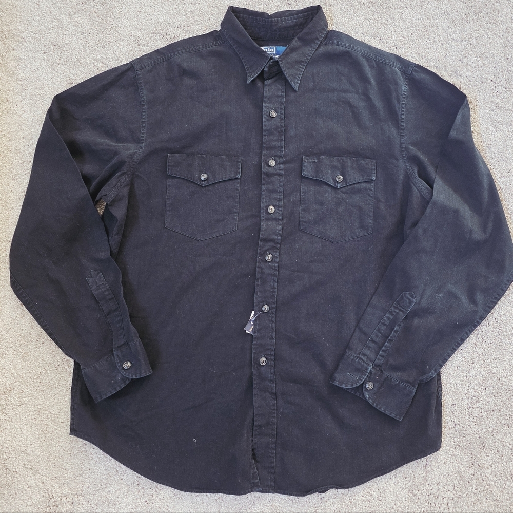 New Polo Ralph Lauren LS Button Down Classic Shirt Mens XL Black Pocket Collar